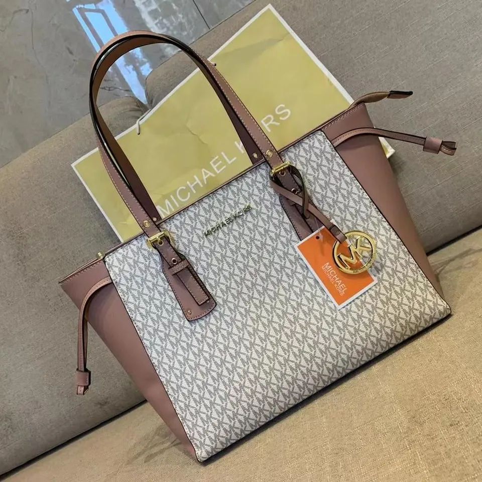 Michael Kors Beige Pink Monogram Voyager Tote Bag