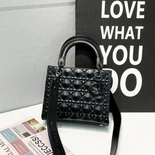 Lady Dior Black Cannage Diamond Motif Handbag (With Box)