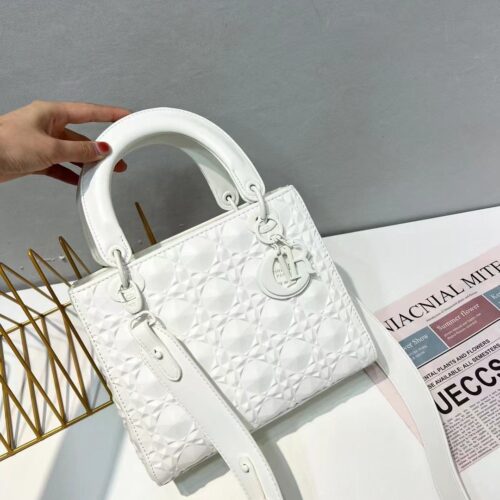 Lady Dior White Cannage Diamond Motif Handbag (With Box)