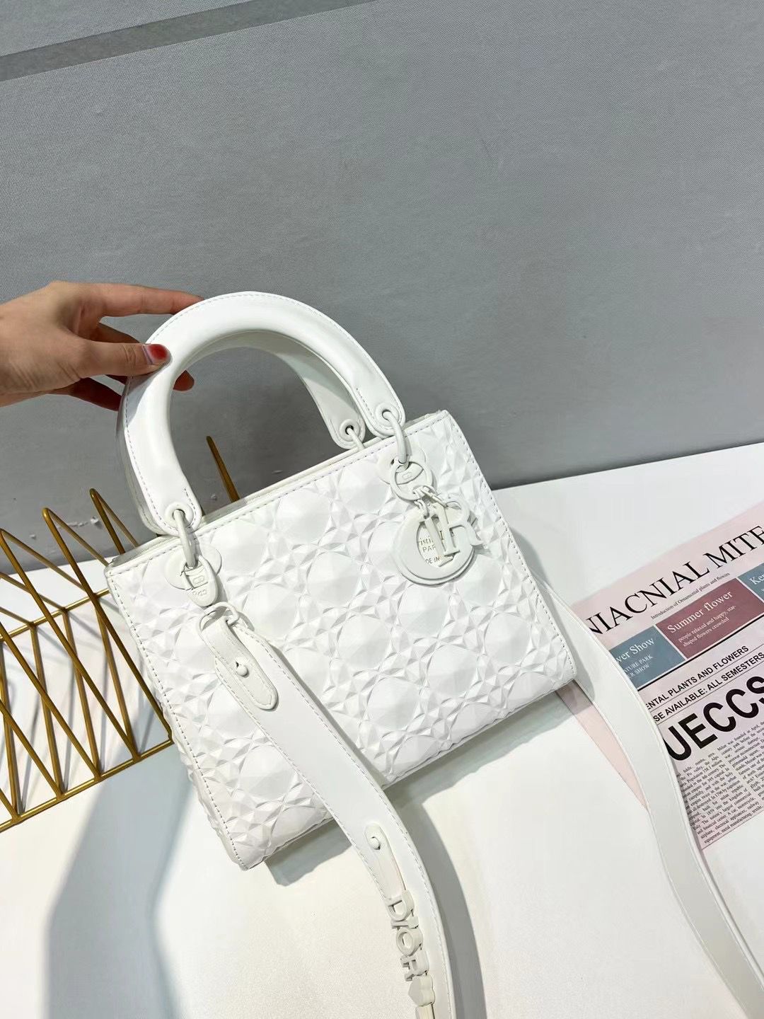 Lady Dior White Cannage Diamond Motif Handbag (With Box)