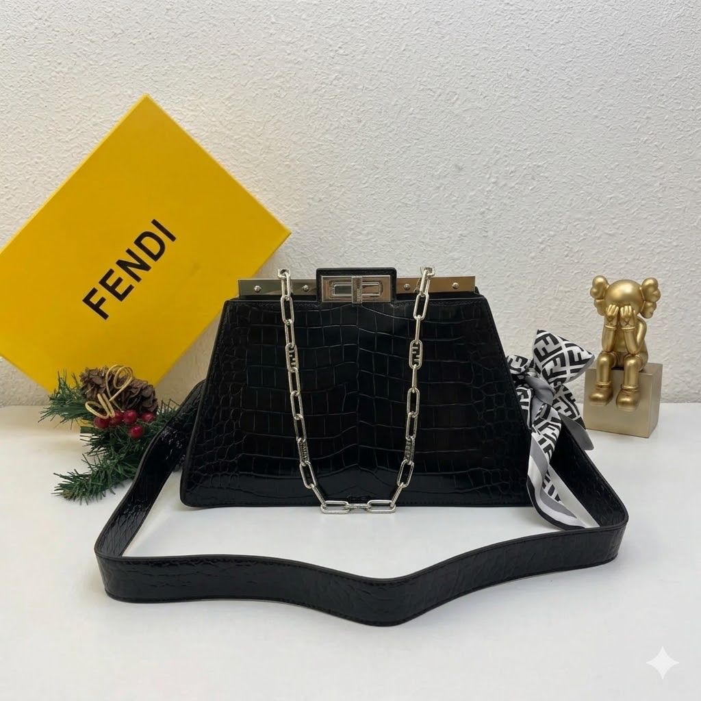 Fendi Pekaboo Croco Cut Black Shoulder Bag (With Box)
