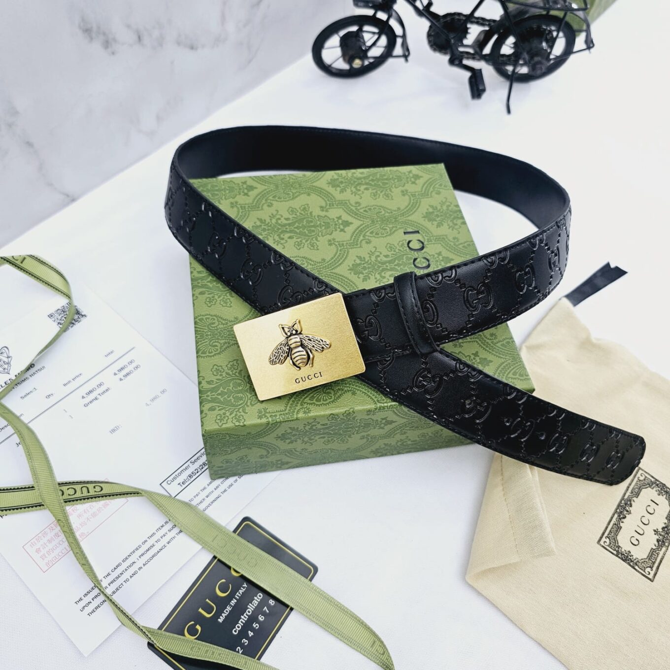 Gucci Bee Square Buckle GG Embossed Men's Belt