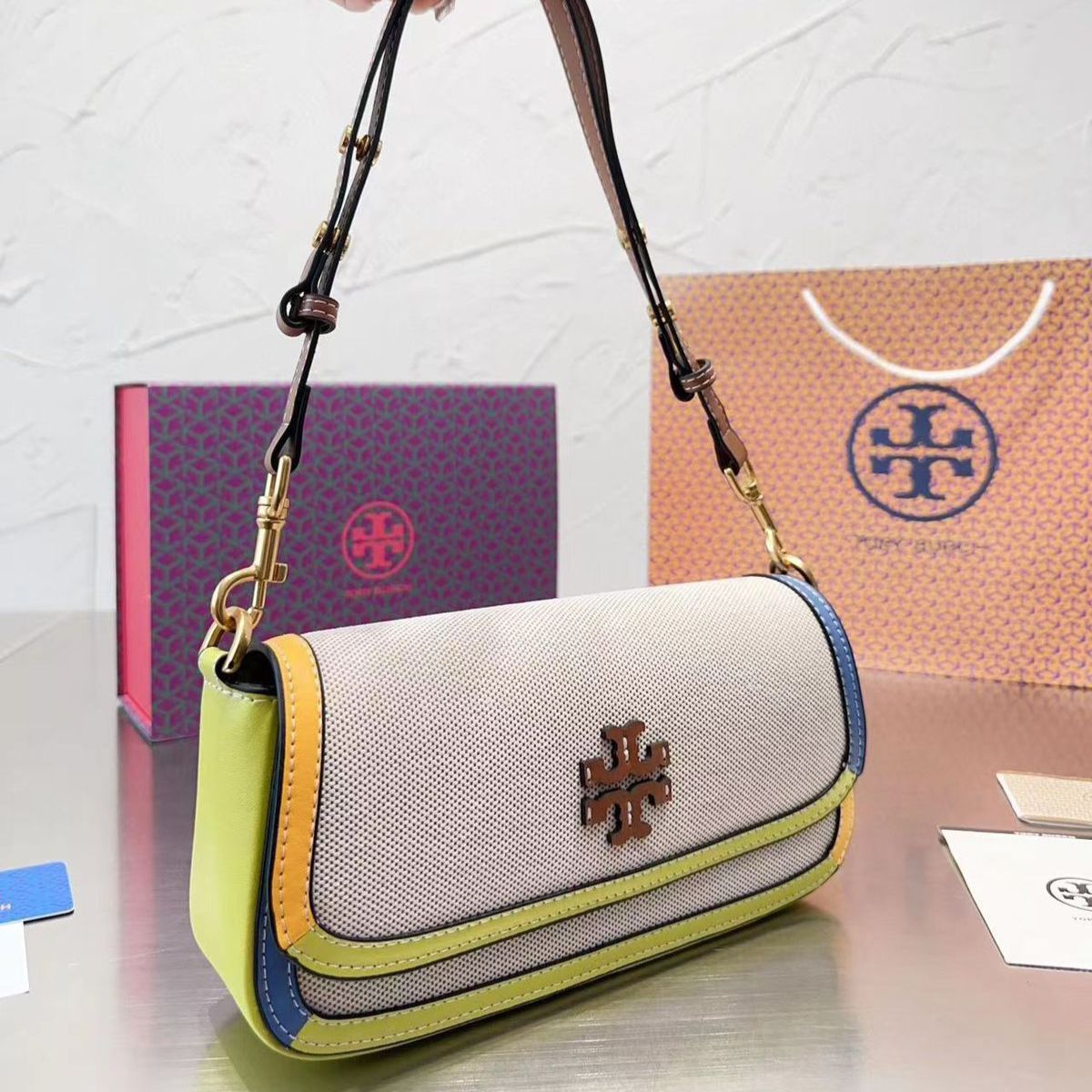 Tory Burch Crescent Beige Neon Shoulder Bag Premium quality (With Box)