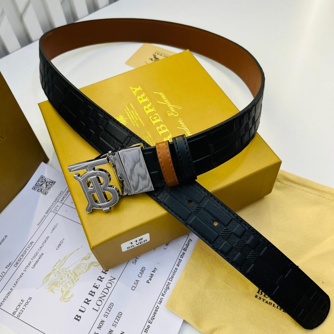 Burberry TB Embossed Grid Silver Reversible Belt for Men