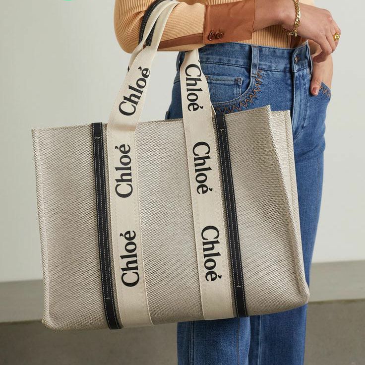 Chloe Woody Canvas Beige Black Large Tote