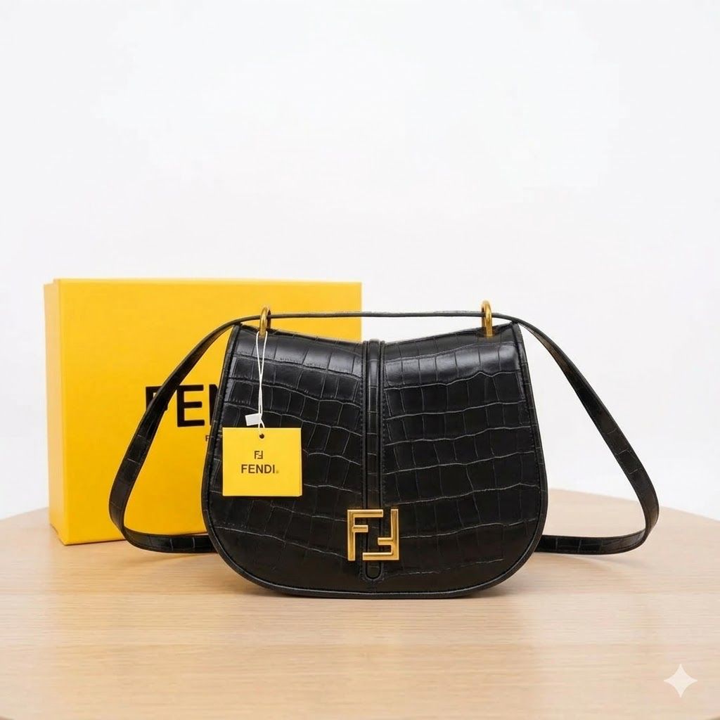 Fendi C’mon Black Croco Medium Satchel Purse (With Box)