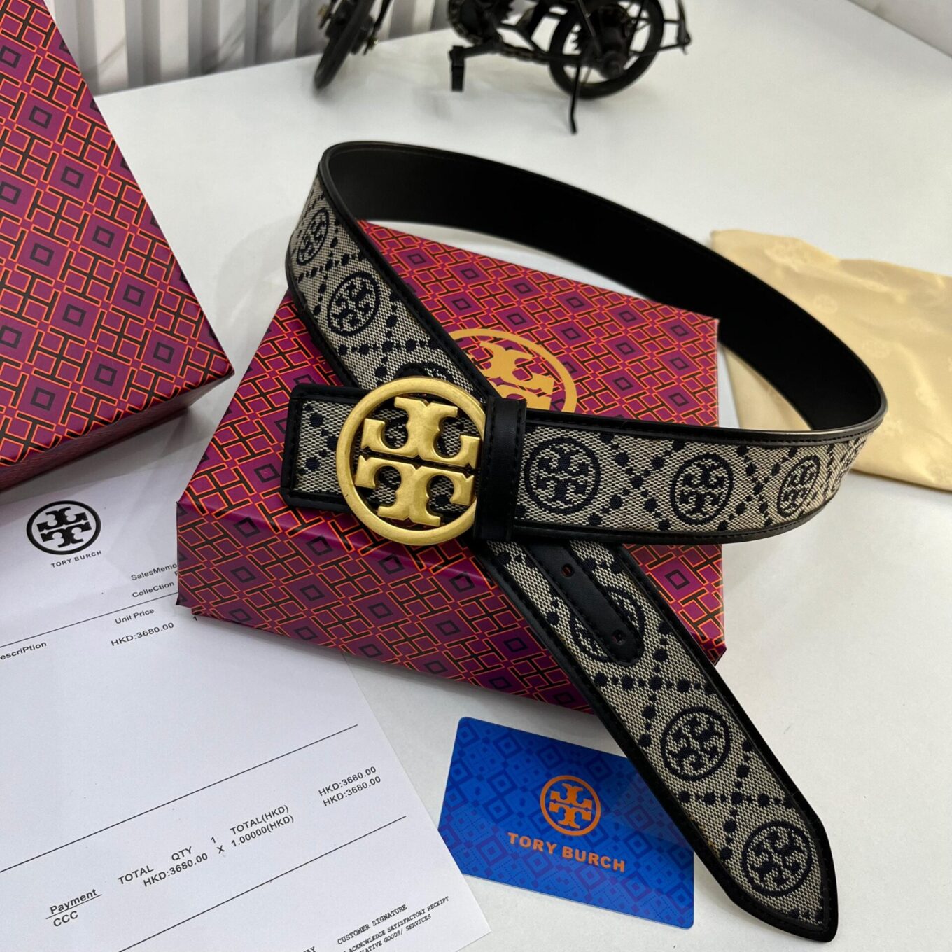 Tory Burch T monogram jacquard Black Belt For Women