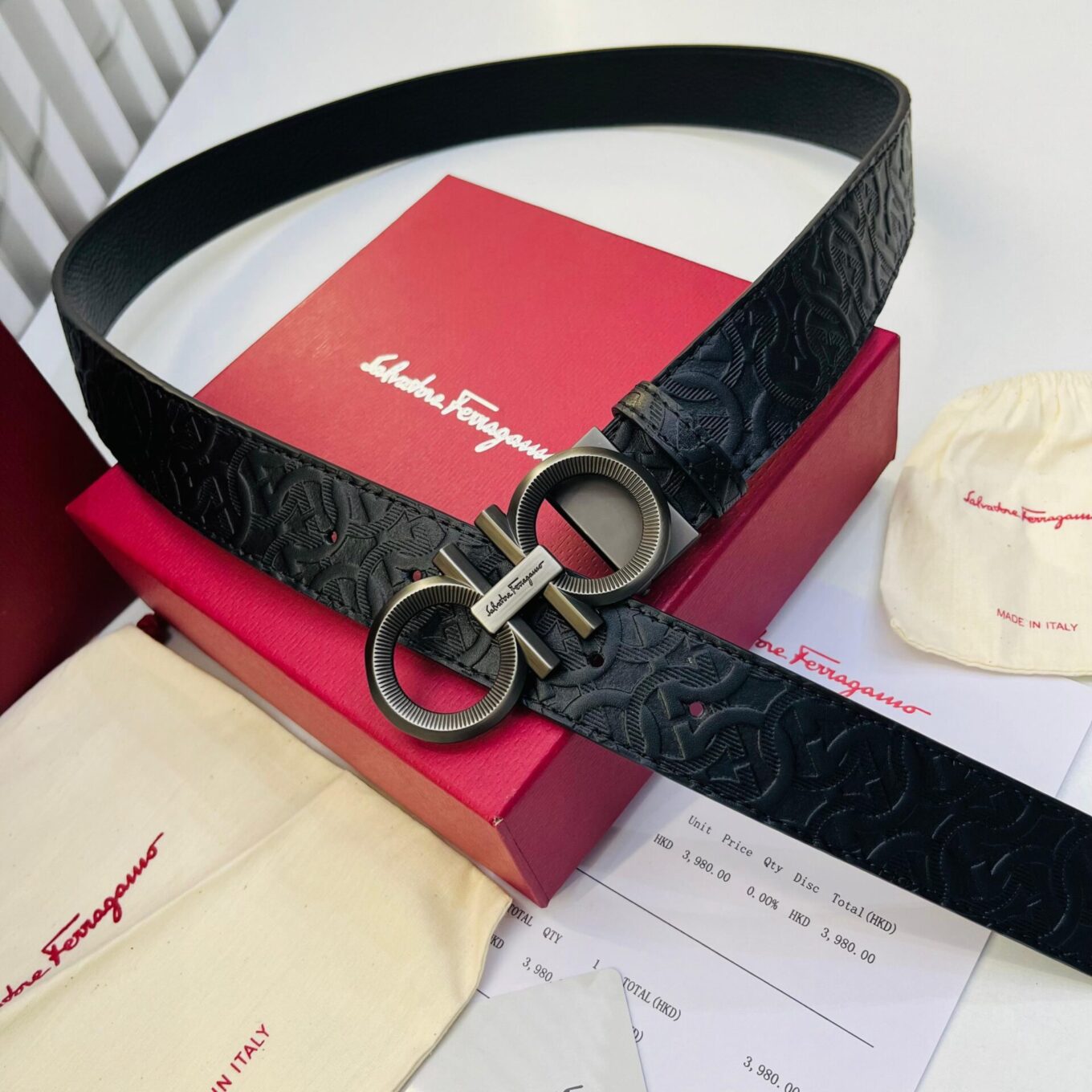 Salvatore Ferragamo Black Embossed Men’s Belt