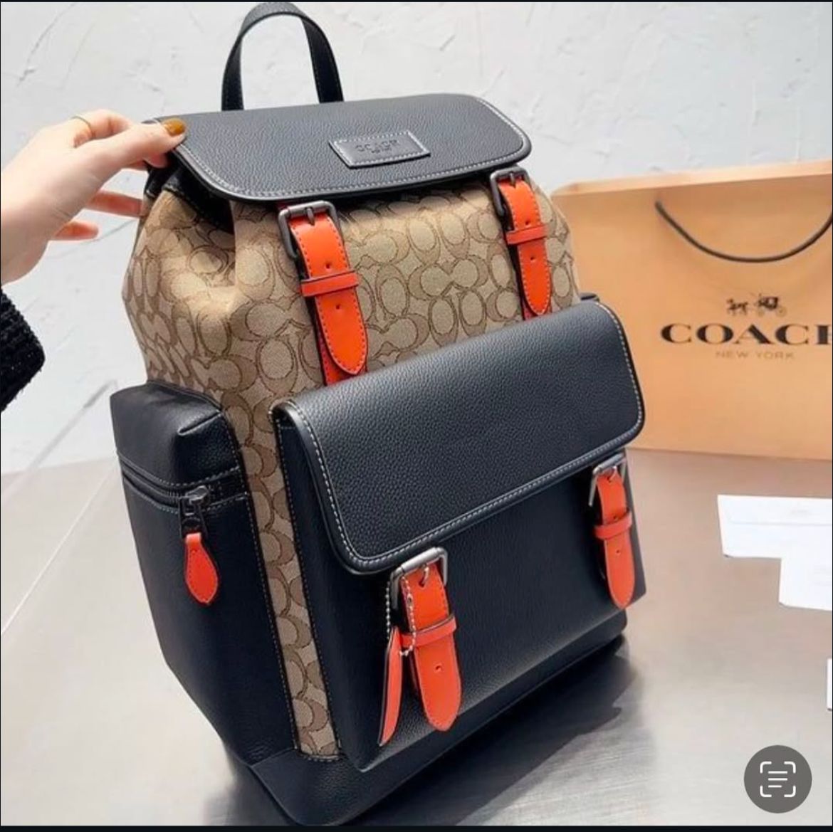 Coach Apricot Black Jacquard Backpack