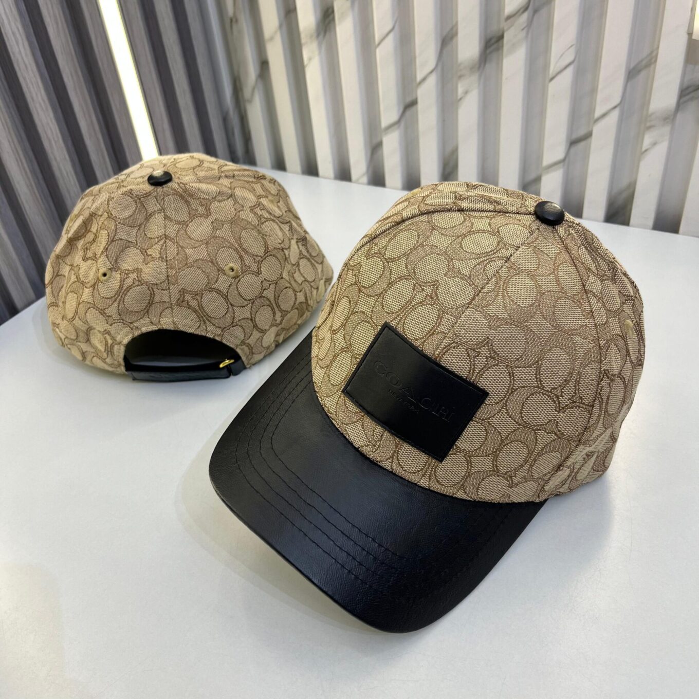 Coach Jacquard Khaki Black Leatherate Baseball Cap