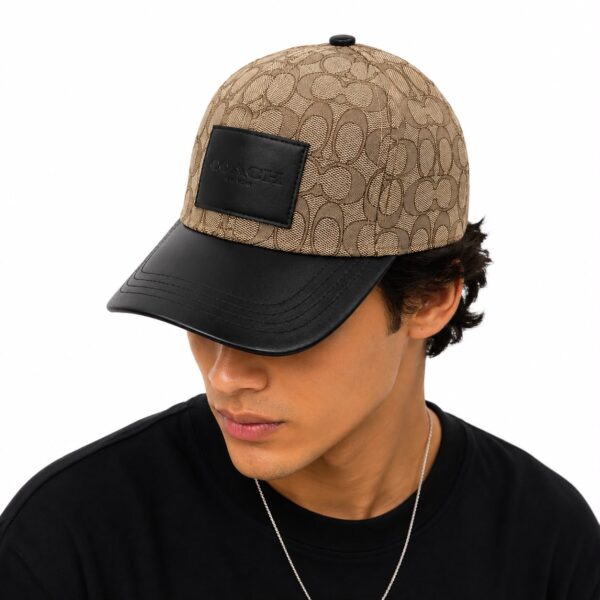 Coach Jacquard Khaki Black Leatherate Baseball Cap