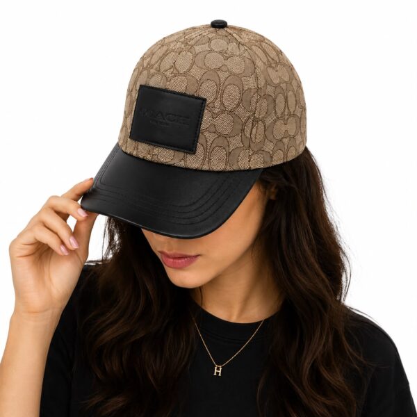 Coach Jacquard Khaki Black Leatherate Baseball Cap