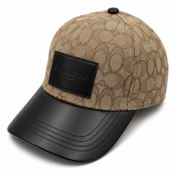 Coach Jacquard Khaki Black Leatherate Baseball Cap