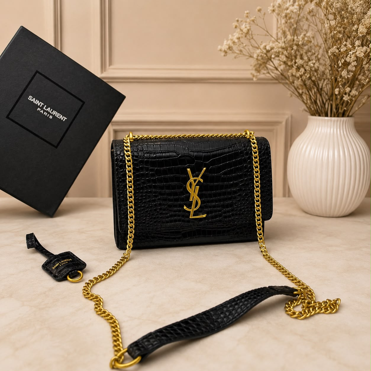 Ysl Sunset Croco Black Sling Bag (With Box)