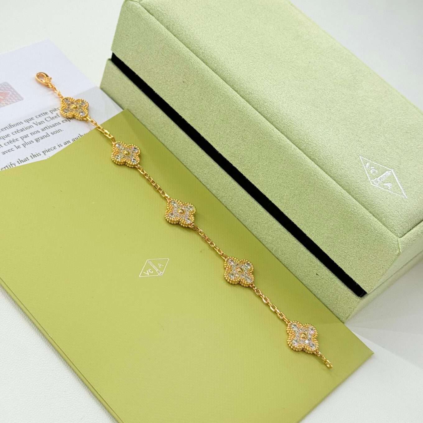 Van Cleef Alhambra White Stone Clover Rose Gold Color Bracelet