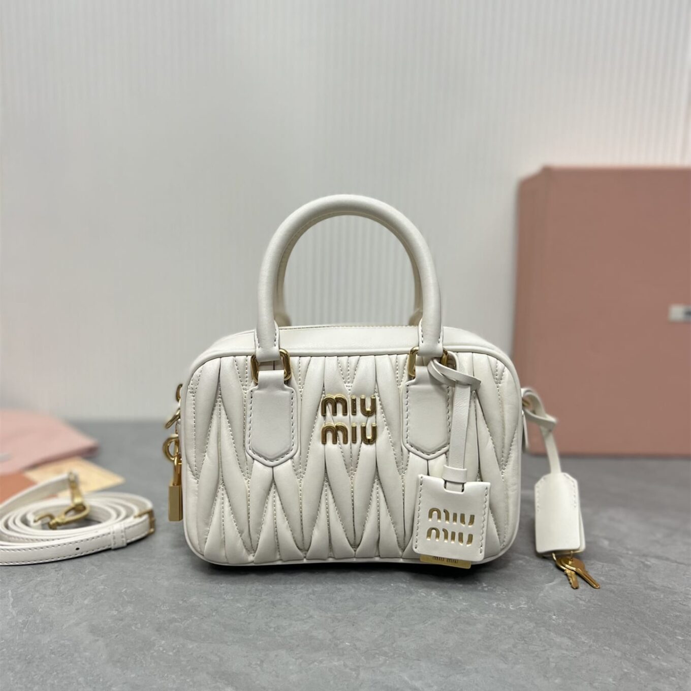 Miu Miu Arcadie Matlasse Nappa White Bowling Bag (With Box)