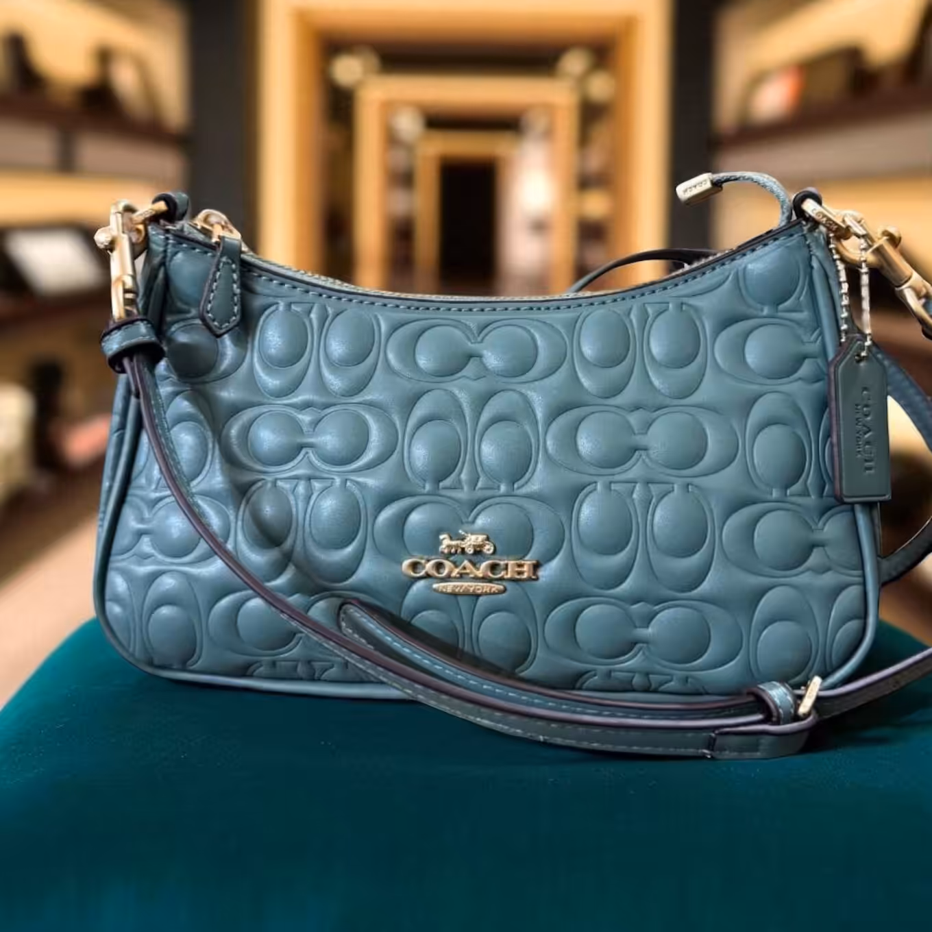 WhatsApp Image 2025-09-24 at 6.34.25 PM Coach Teri Teal Green Embossed Sling Bag (With Box)