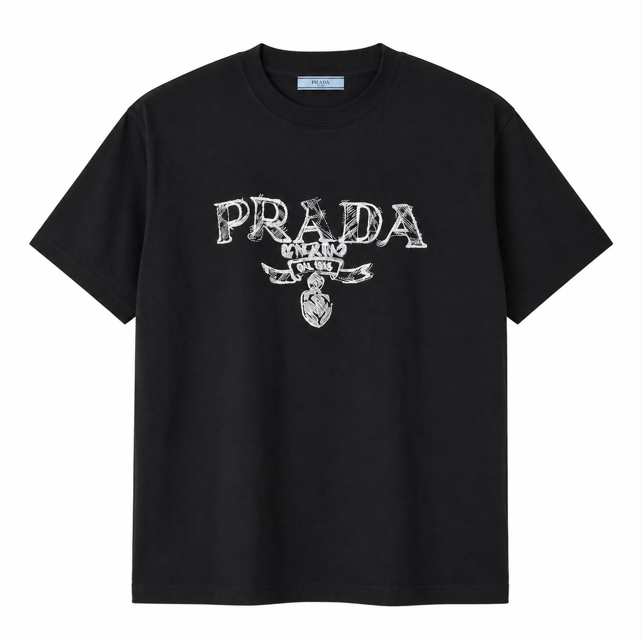 Prada Embroidered Logo Black Tshirt For Men