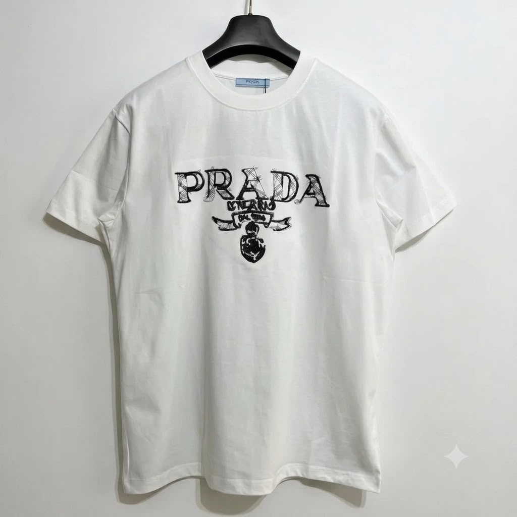 Prada Embroidered Logo White Tshirt For Men