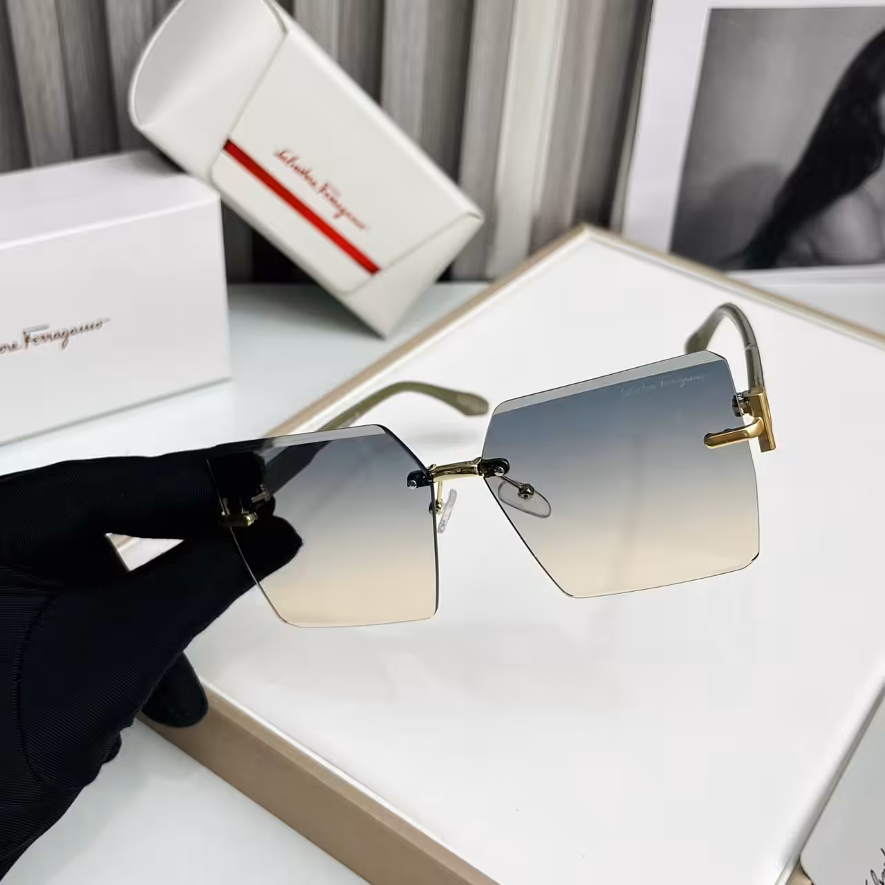 WhatsApp Image 2025-10-16 at 6.16.14 PM (1) Salvatore Ferragamo Gold Rimless Square Gradient Sunglass For Women