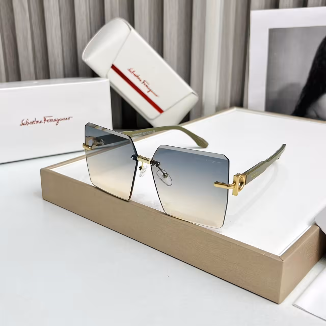 WhatsApp Image 2025-10-16 at 6.16.14 PM Salvatore Ferragamo Gold Rimless Square Gradient Sunglass For Women