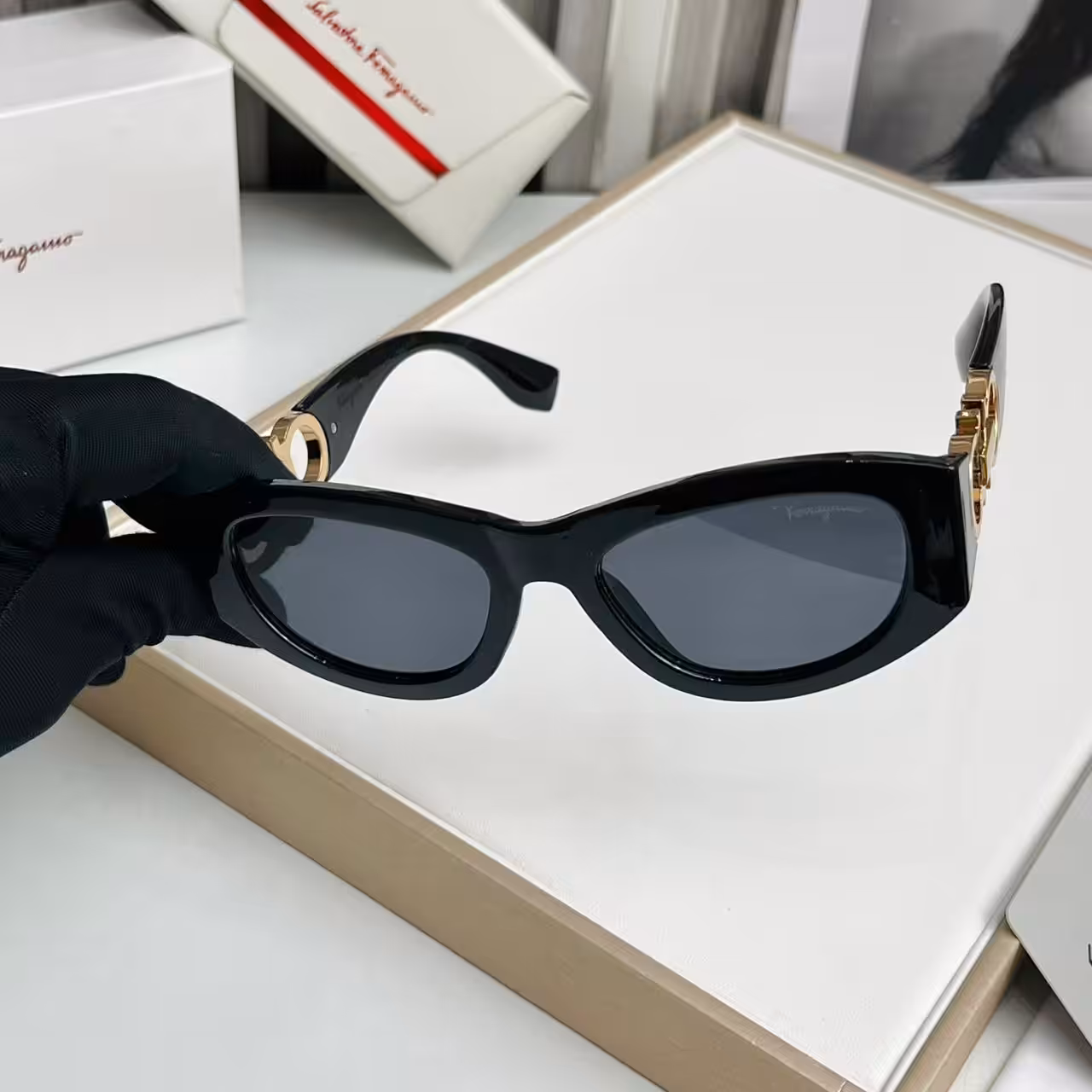 WhatsApp Image 2025-10-16 at 6.27.00 PM (1) Salvatore Ferragamo Black Cat-Eye Gancini Sunglass For Women