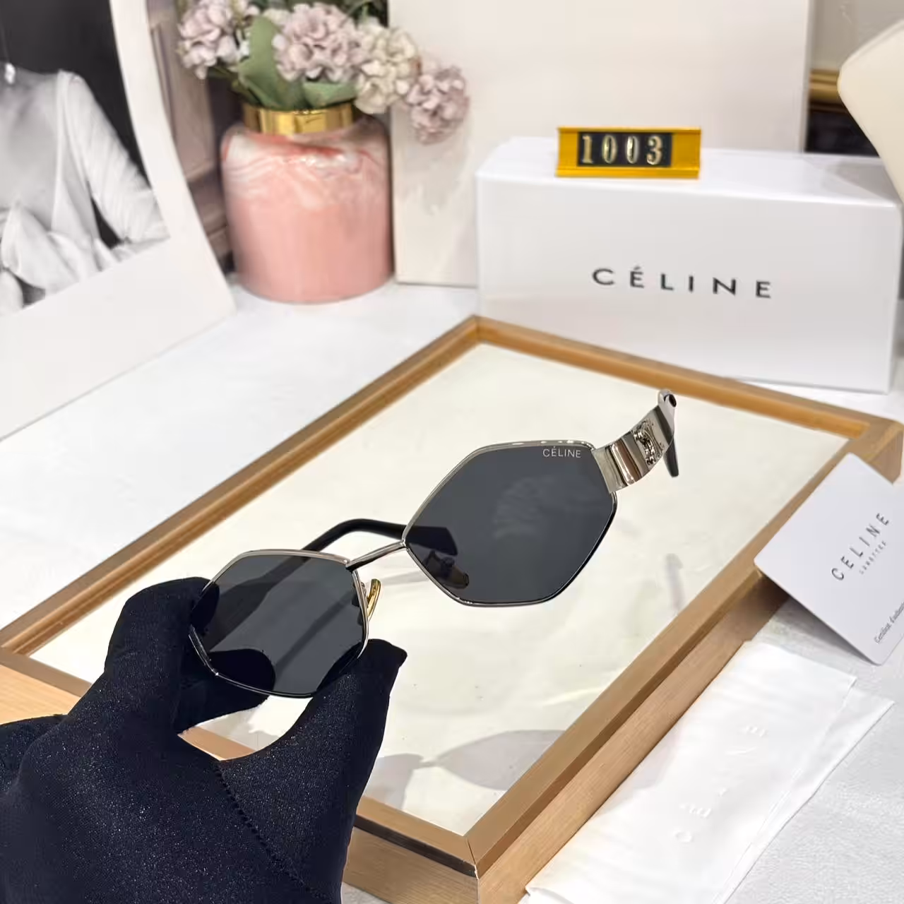 WhatsApp Image 2025-10-25 at 9.11.20 PM (1) Celine Black Tint Silver Frame Hexagon Women’s Sunglass