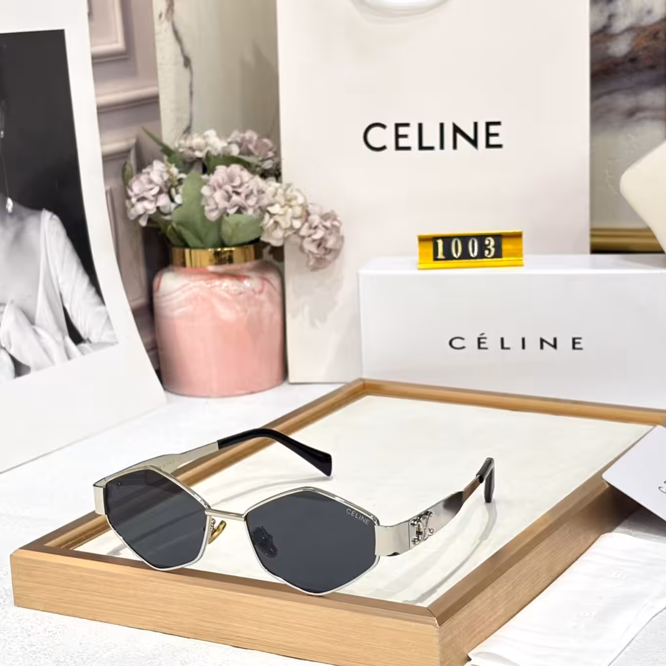 Celine Black Tint Silver Frame Hexagon Women’s Sunglass