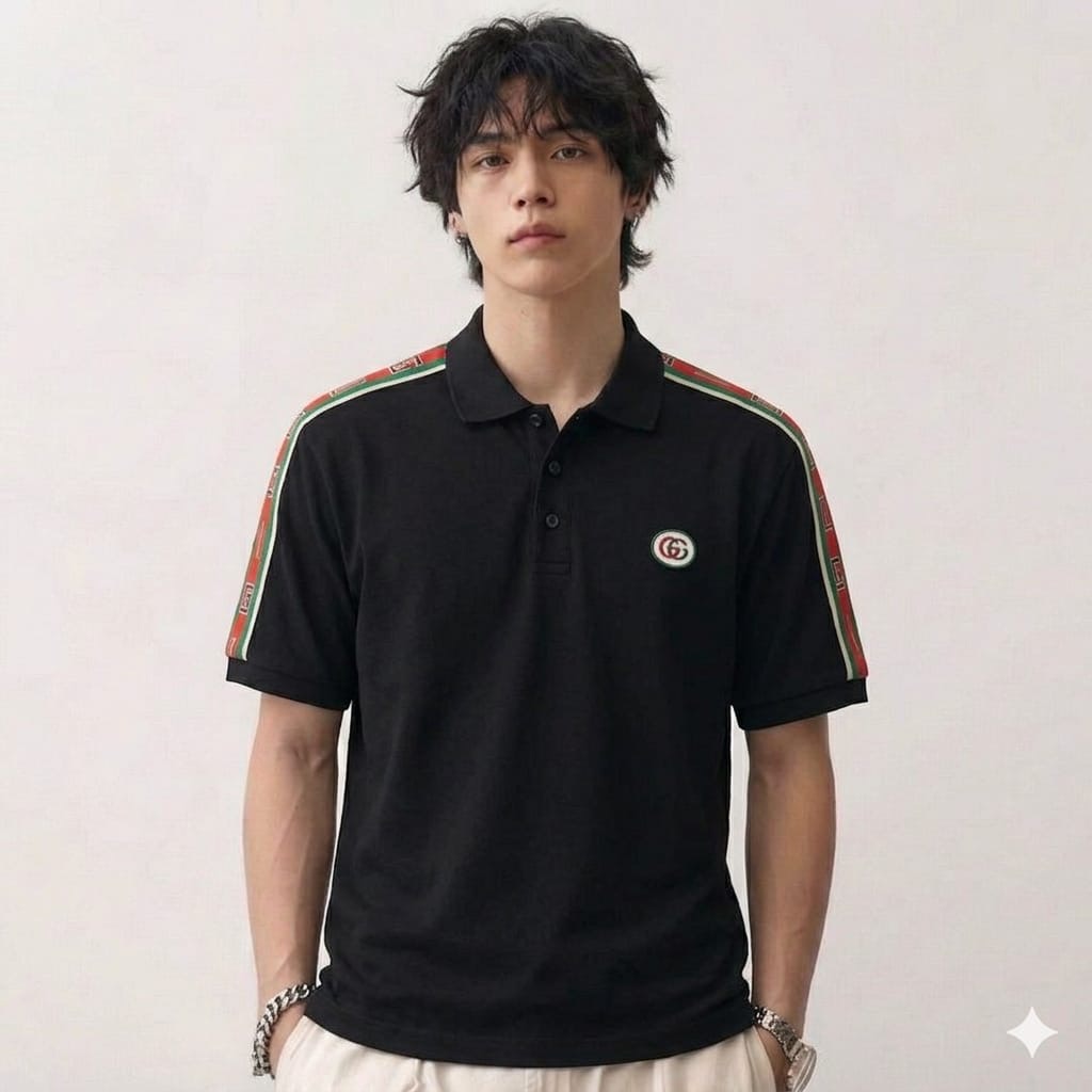 Gucci Polo Black Tshirt with Logo Tape Sleeves