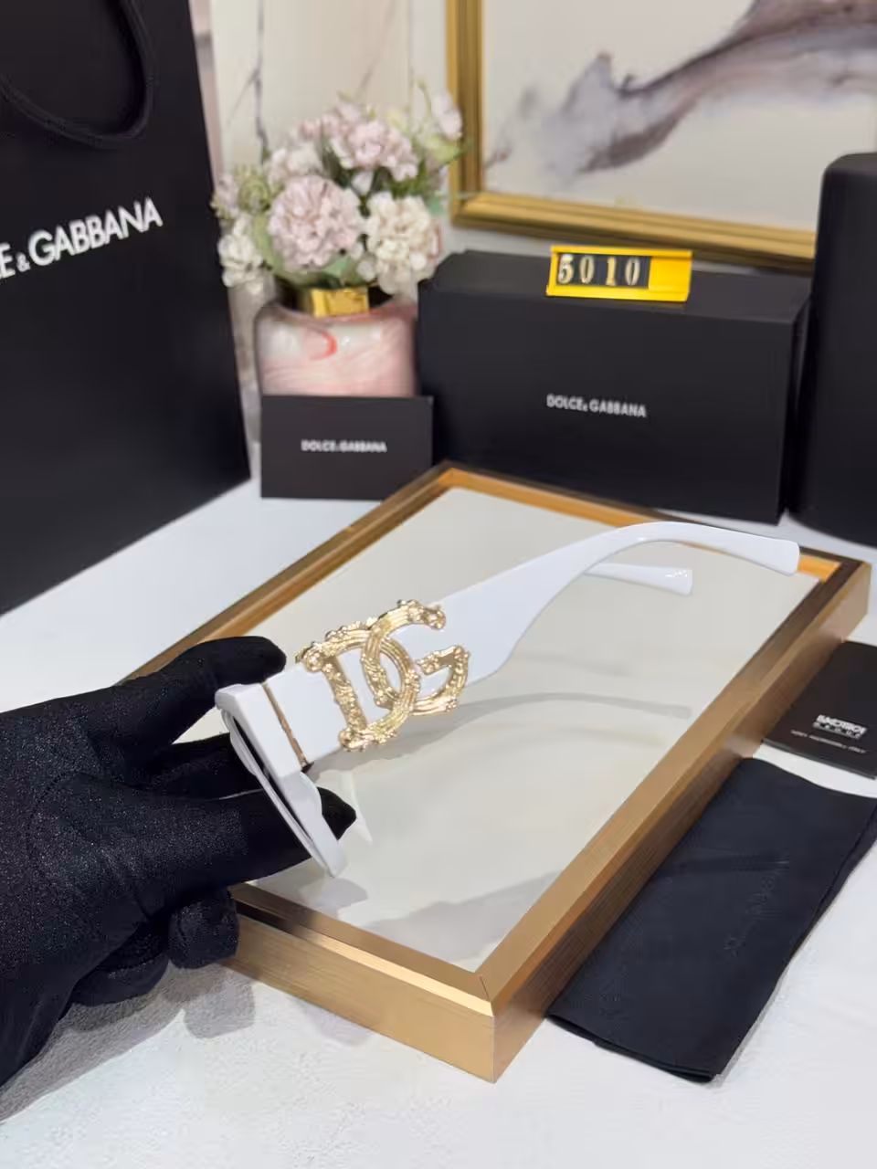Dolce & Gabbana Cat-Eye Sunglasses White Frame with Gold DG Logo