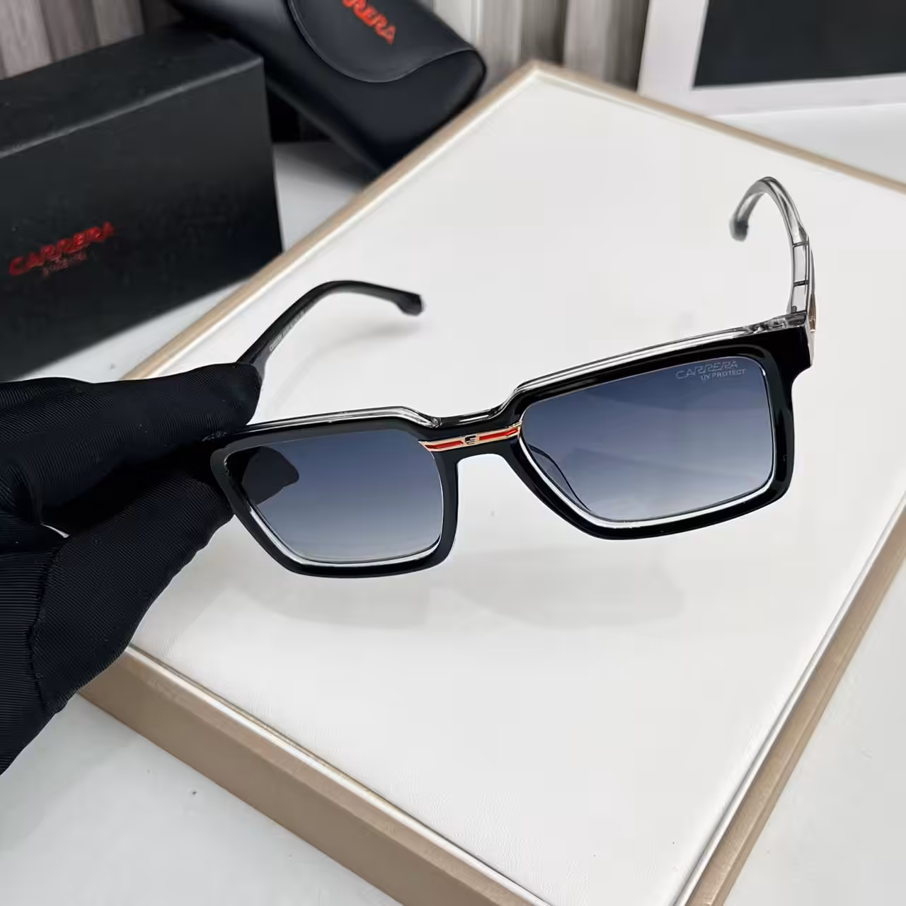 WhatsApp Image 2025-11-20 at 7.00.32 PM (1) Carrera Black Red-Stripe Gradient Square Sunglasses