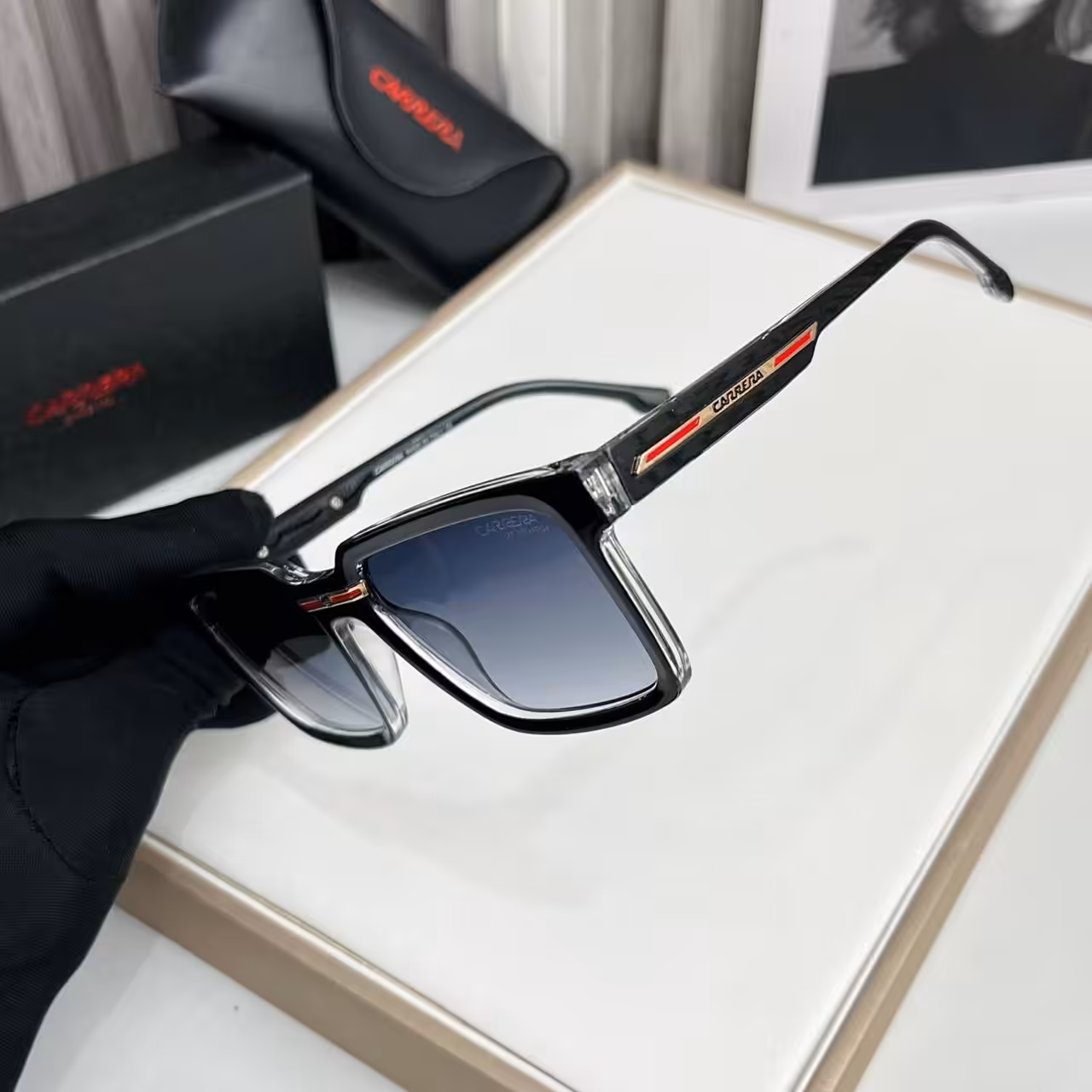 WhatsApp Image 2025-11-20 at 7.00.32 PM (2) Carrera Black Red-Stripe Gradient Square Sunglasses