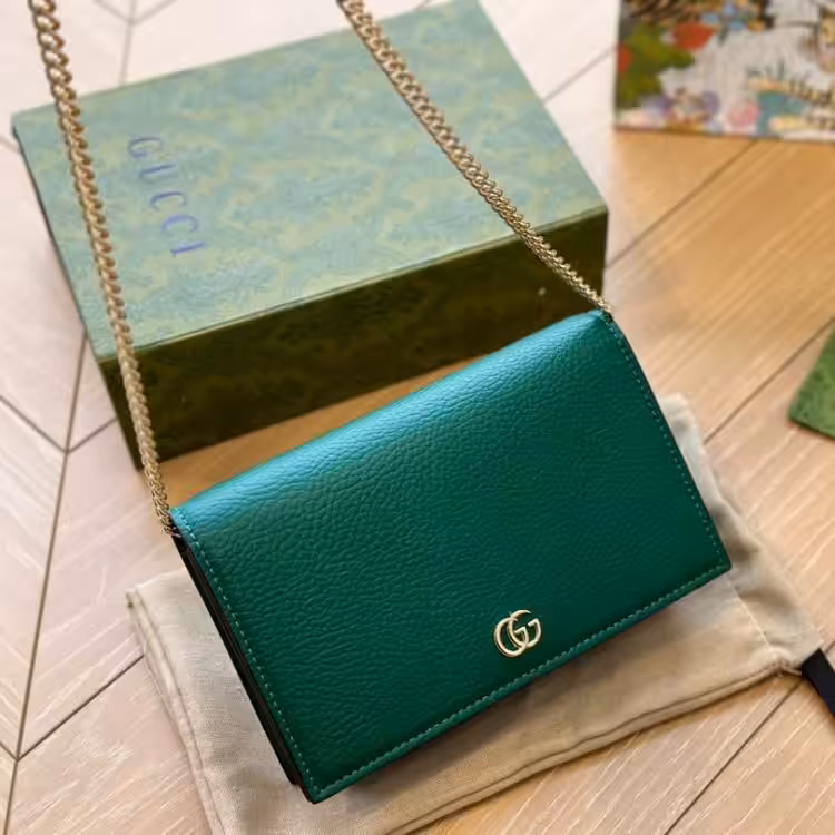WhatsApp Image 2025-12-08 at 8.03.37 PM Gucci Marmont Chain Leather Green Sling Bag (With Box)