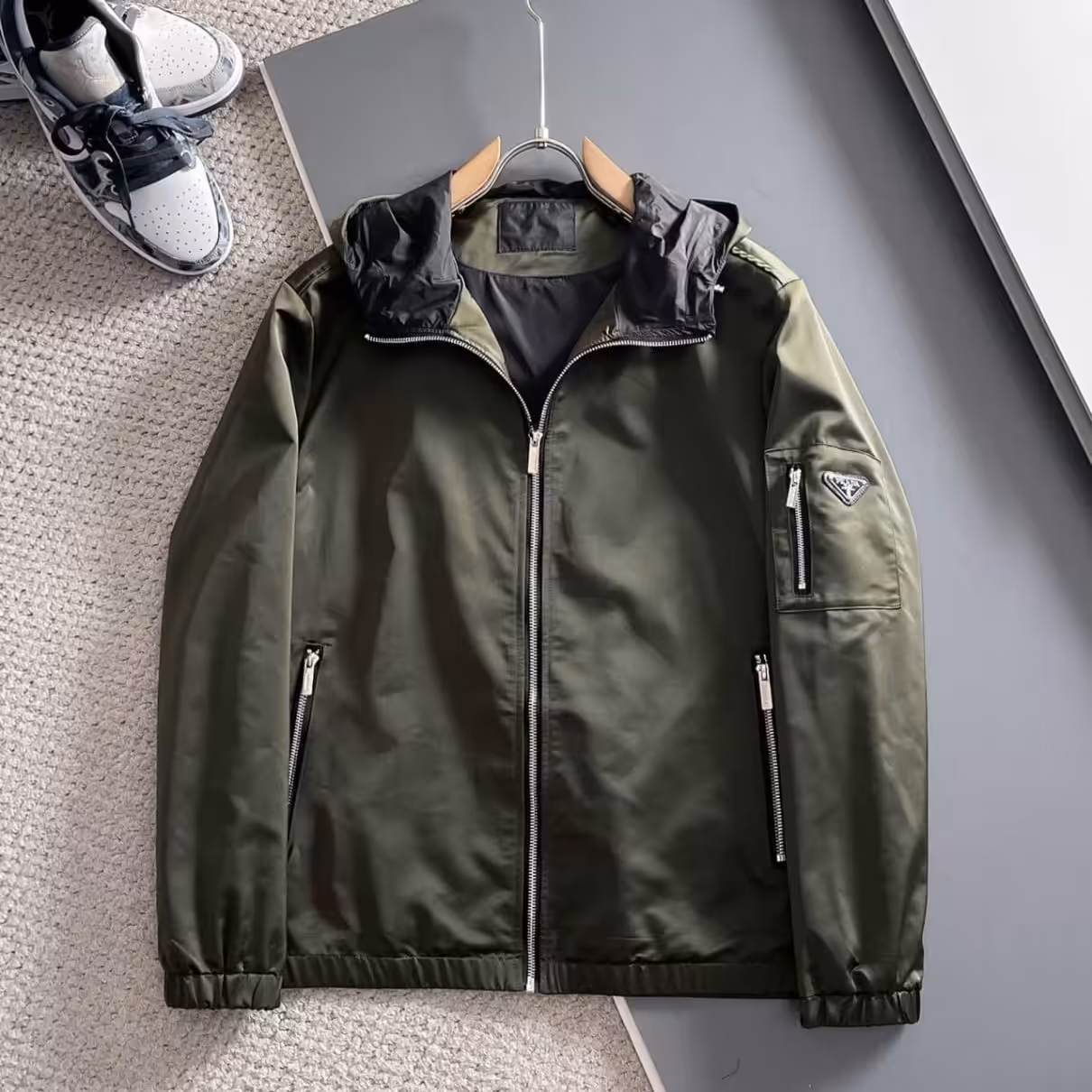 WhatsApp Image 2025-12-23 at 4.53.29 PM Prada Forest Green Bomber Hooded Wind Cheater Jacket