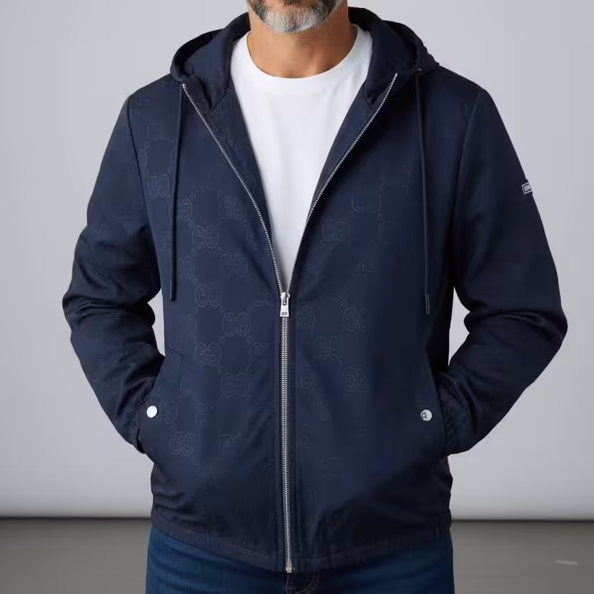 Gucci GG Embossed Blue Hooded Wind Cheater Jacket