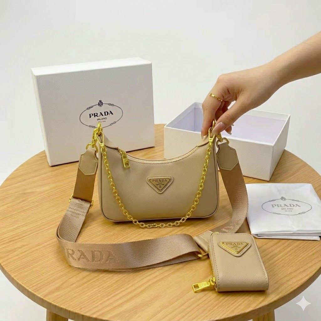 Prada Re-Edition Multi Pochette Apricot Sling Bag (With Box)