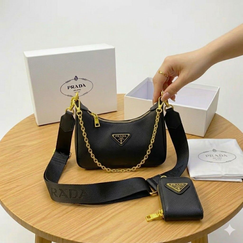 Prada Re-Edition Multi Pochette Black Sling Bag (With Box)