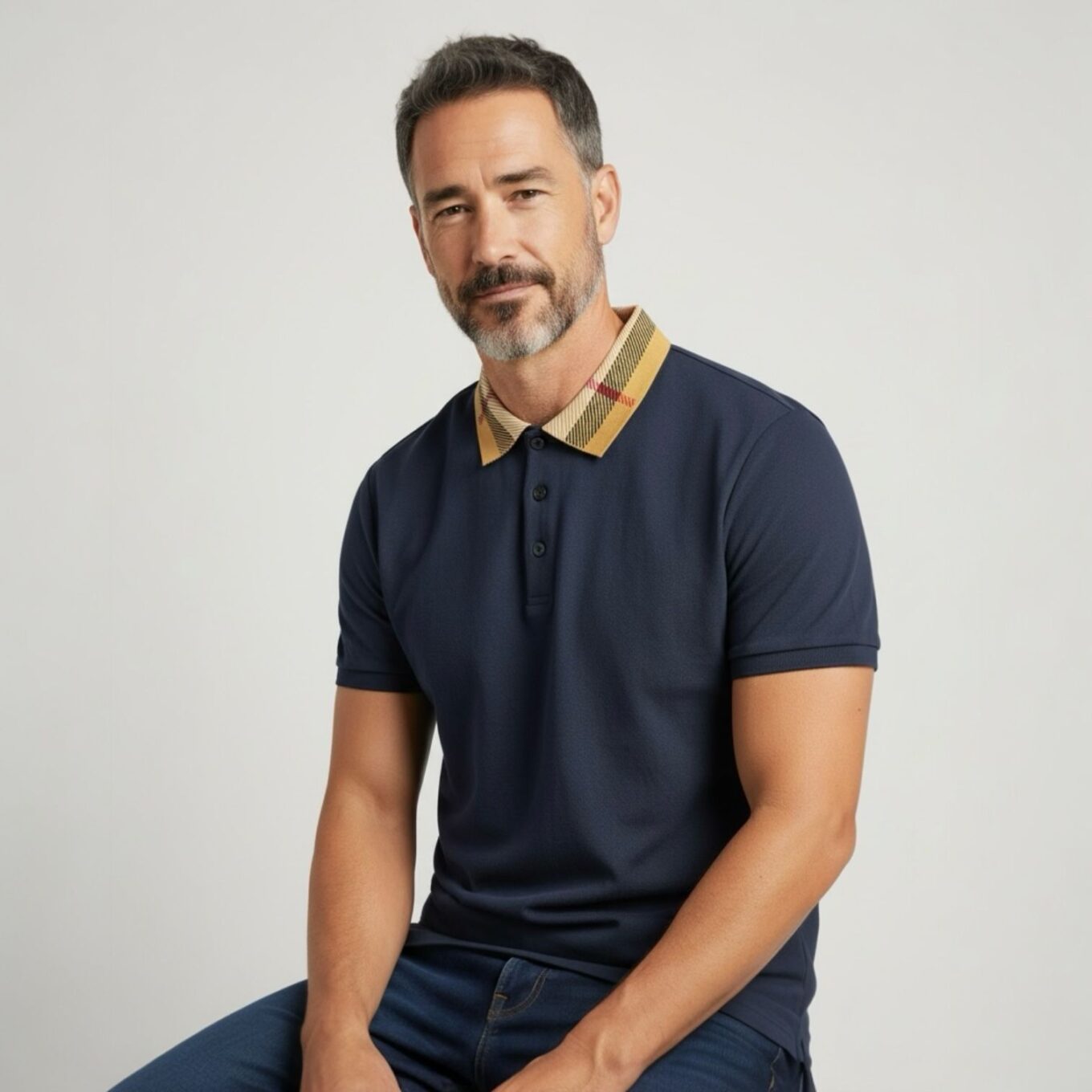 Burberry Check Collar Blue Polo Tshirt