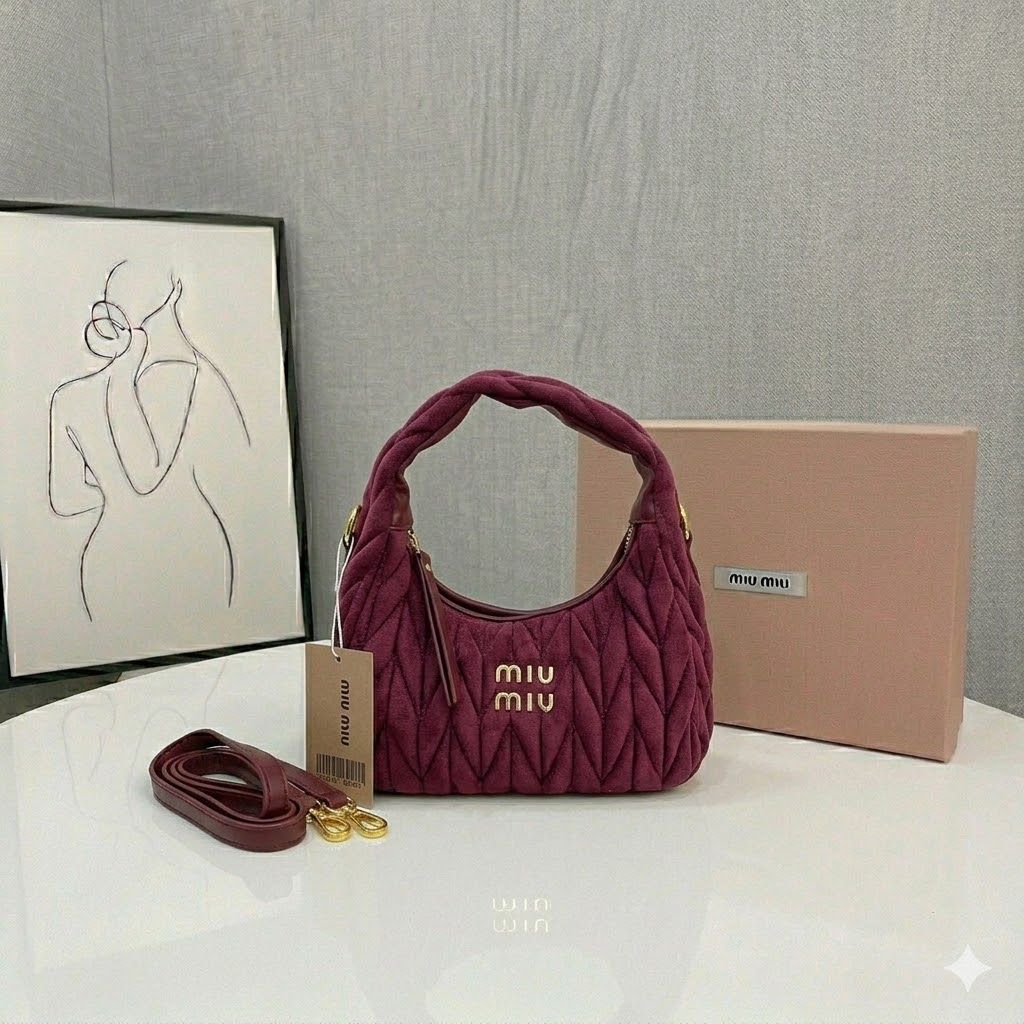 Miu Miu Wander Velvet Wine Shoulder Bag (With Box)