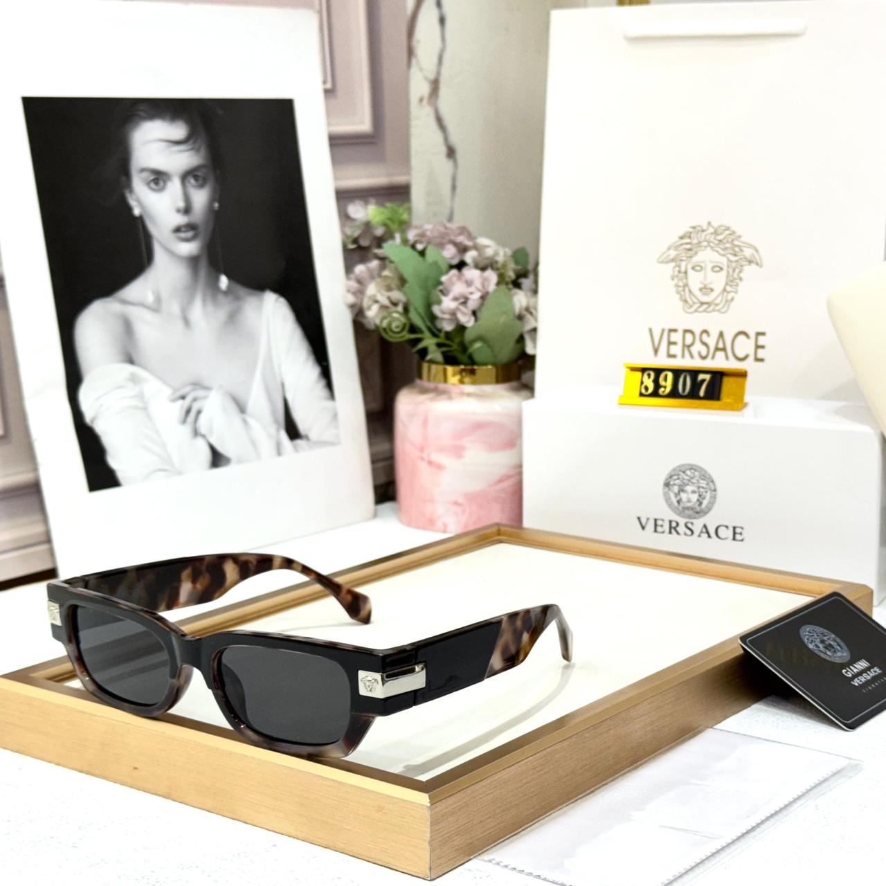 Versace Black Leopard Rectangular Women Sunglass