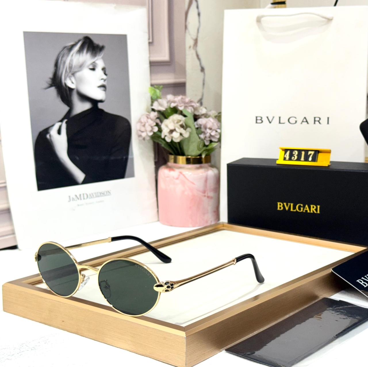 Bvlgari Round Frame Gold Metal Green Lens Women’s Sunglasses