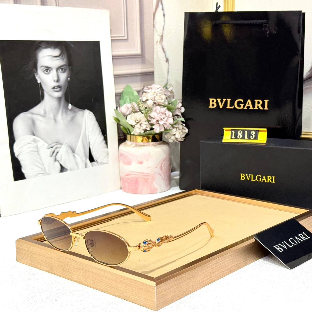 Bvlgari Serpenti Gold Metal Oval Frame Brown Women’s Sunglasses