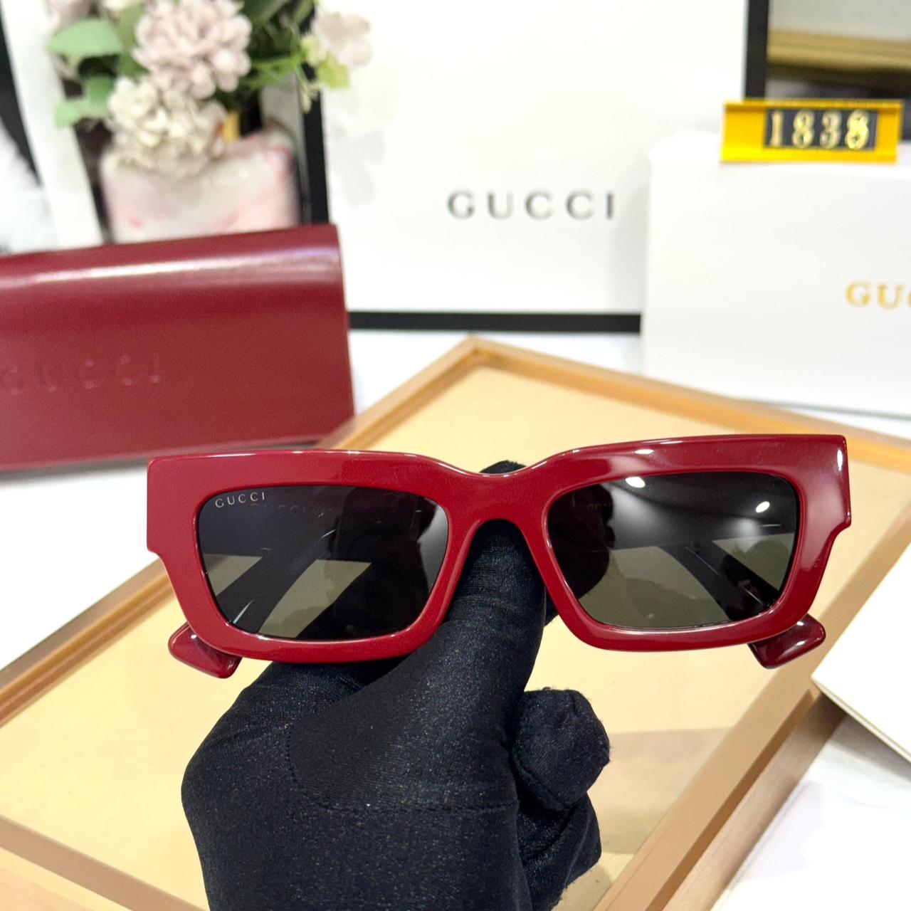 Gucci Statement Wine Red Rectangular Designer Grey Sunglasses