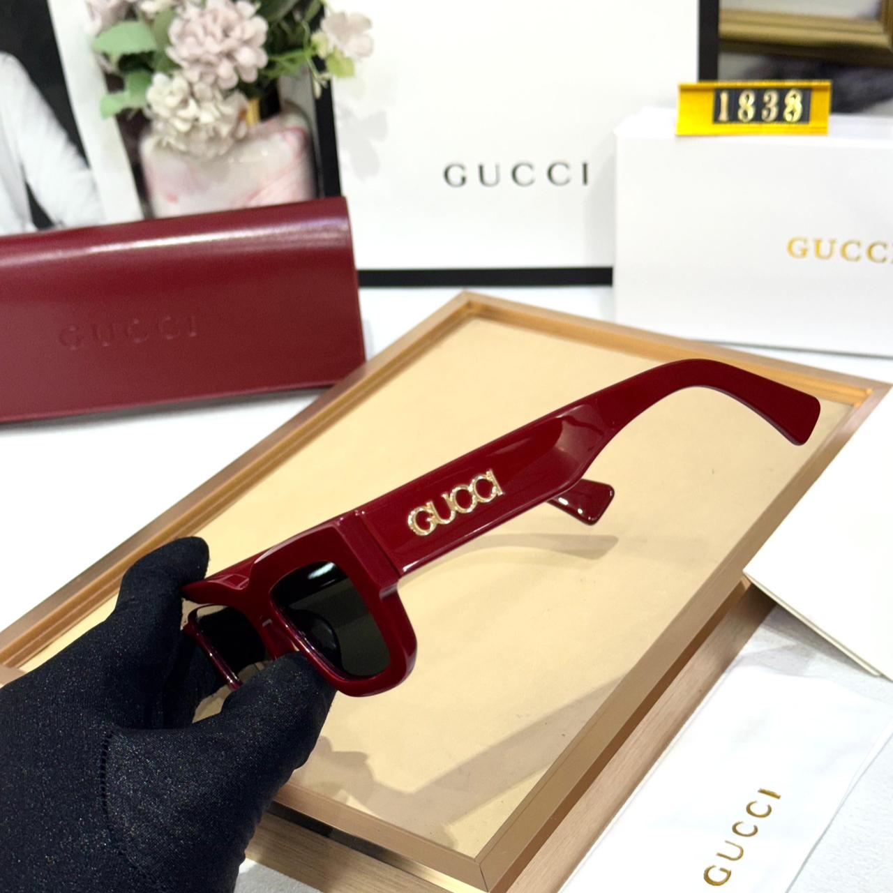 Gucci Statement Wine Red Rectangular Designer Grey Sunglasses