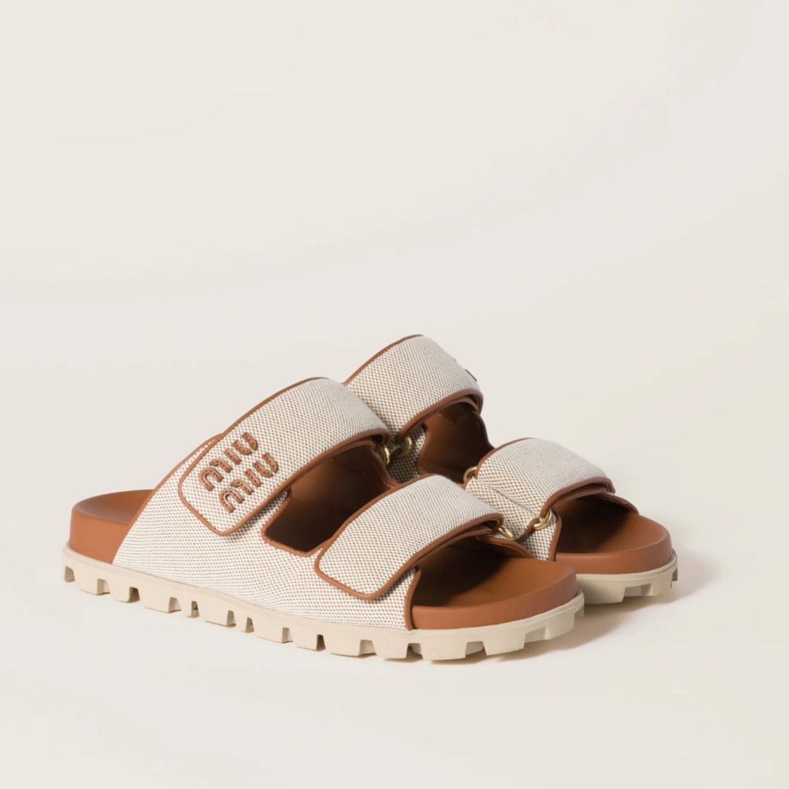 Miu Miu Beige Brandy Canvas Slides