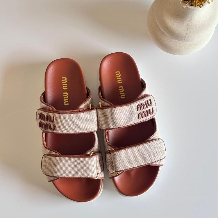 Miu Miu Beige Brandy Canvas Slides