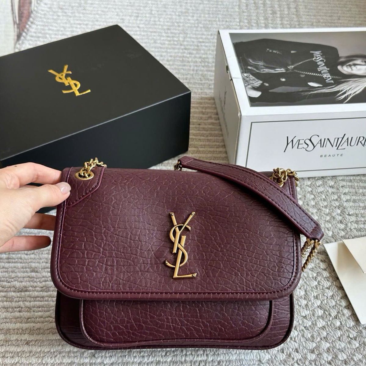 YSL Wine Color Niki Grained Sling Bag (With Box)