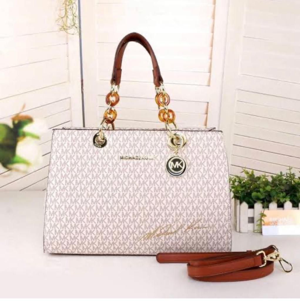 Michael Kors Cynthia Signature Beige Brown Handbag