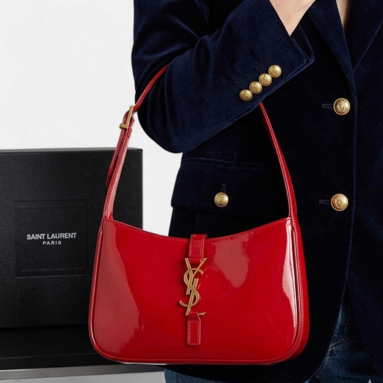 Ysl Le5 Cherry Red Glossy Leather Shoulder Bag (With Box)