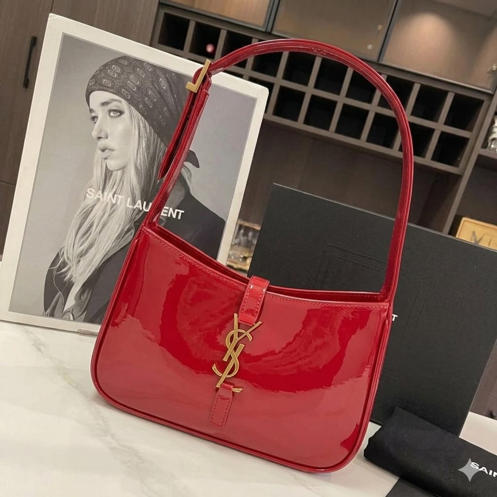 Ysl Le5 Cherry Red Glossy Leather Shoulder Bag (With Box)